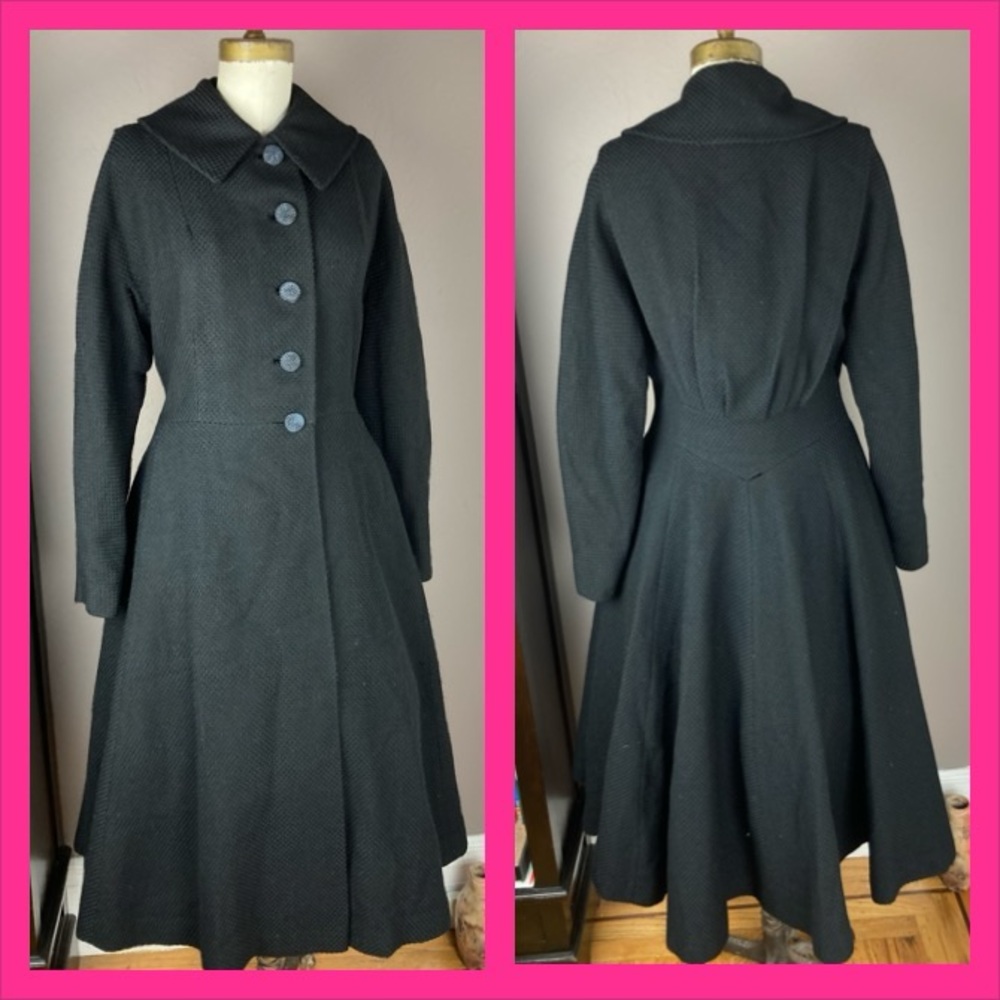 1950s Golét Originals Black Wool Princess Coat - Anglo Fabric - Medium